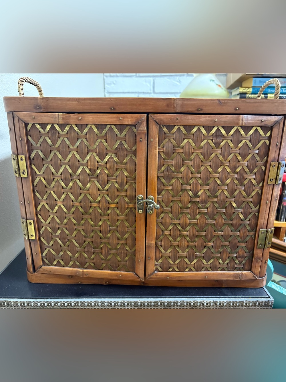 Woven Wood Accent Cabinet Doors in Brown and Gold